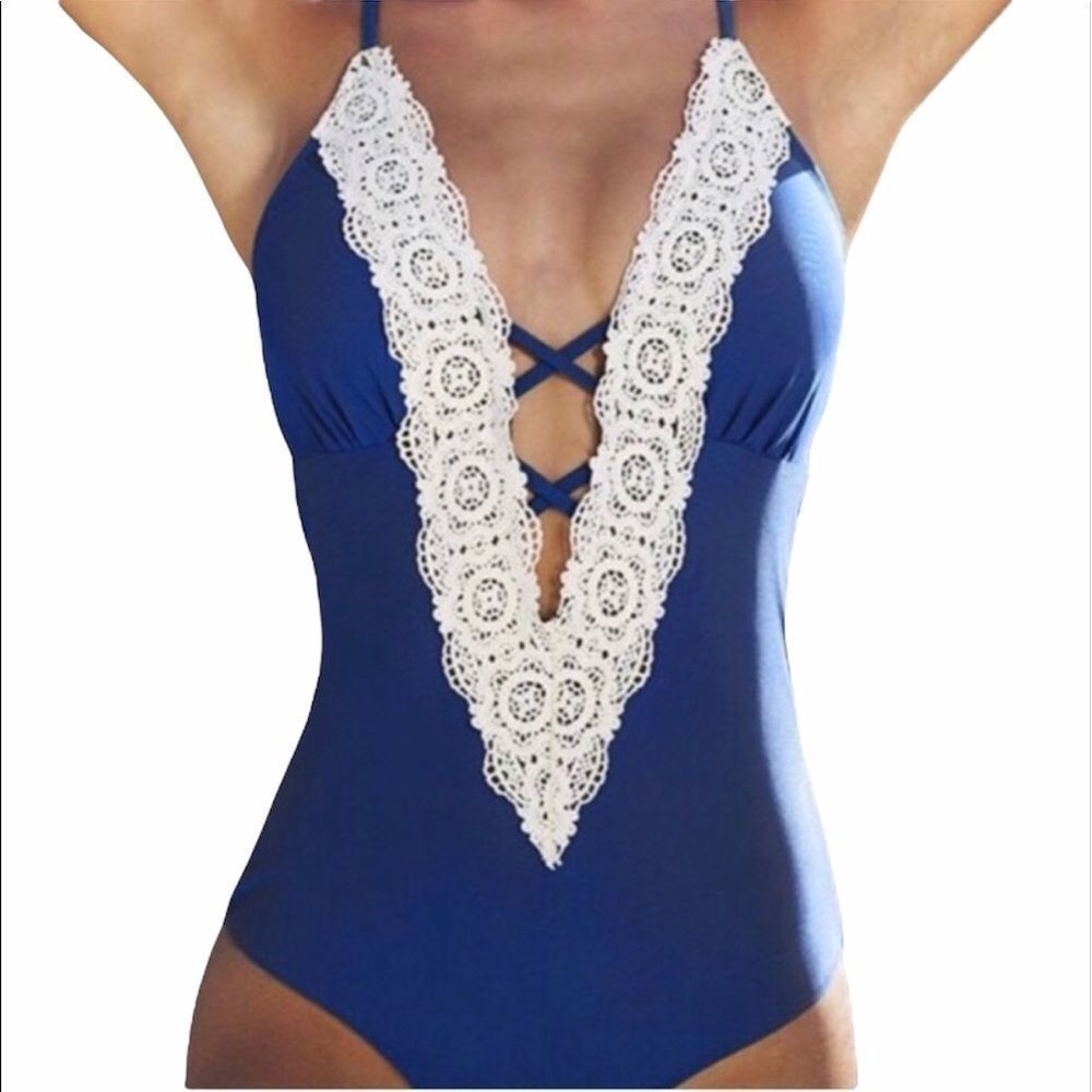 🆕 NWT cobalt blue one piece swim suit plunge neck